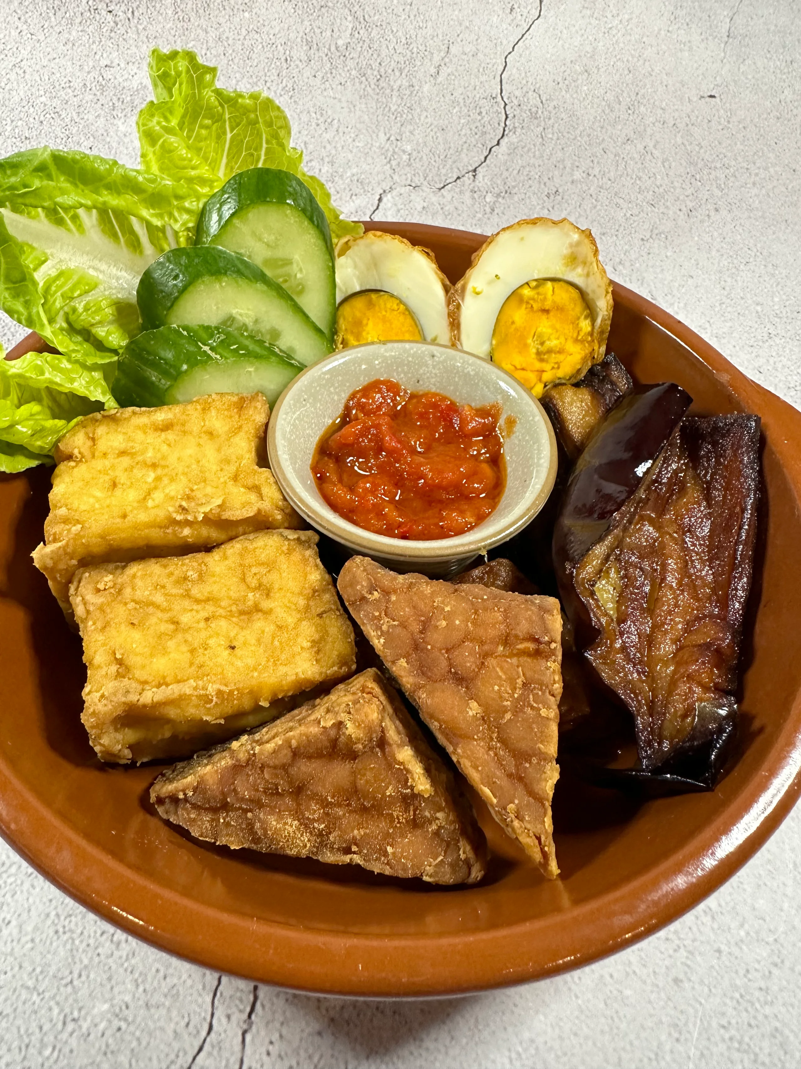 Tahu, Tempe, Terong, Telur Penyet (Eggplant, Tofu, Tempe and Egg)