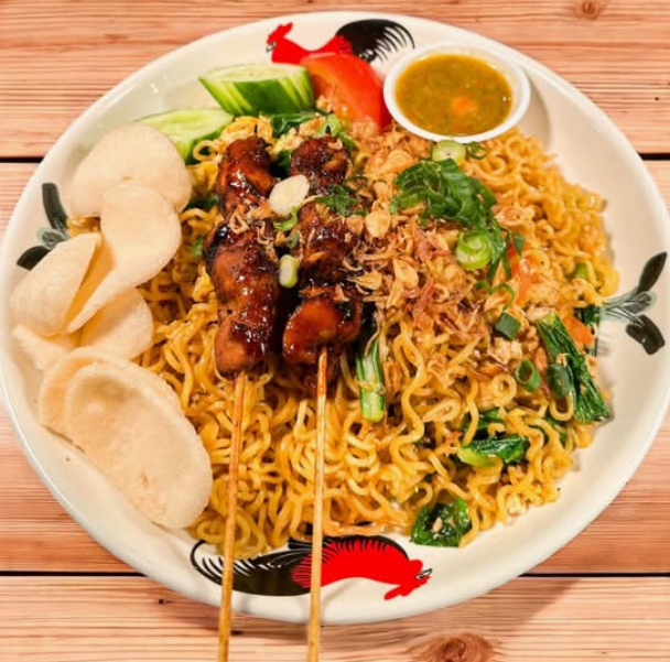 Indomie Mi Goreng Fried Noodles Mie Goreng with Chicken Skewers