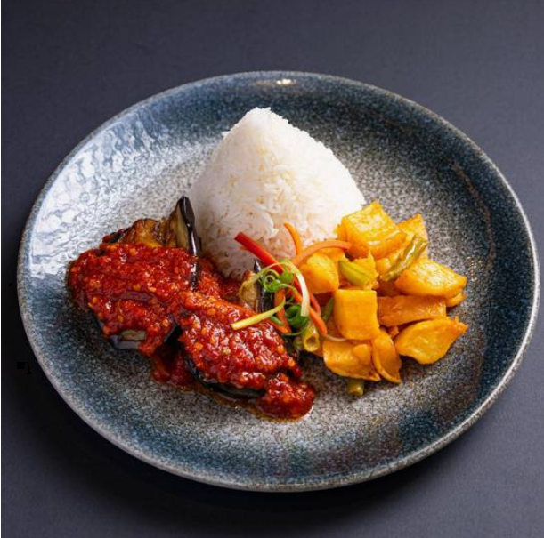 Rice with Eggplant Balado + Spicy Potato